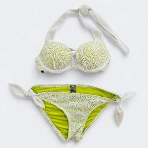 Aerie Emma Crochet Lace Overlay Push-Up Halter Padded Bikini Swimsuit Set 32B